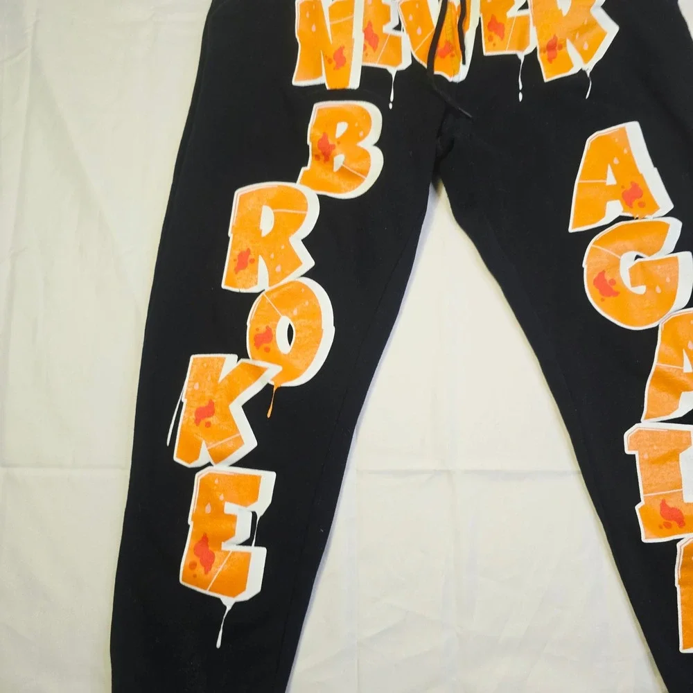 Never Broke Again Me'ns Joggers Size Small Black Orange Graffiti Graphic T6